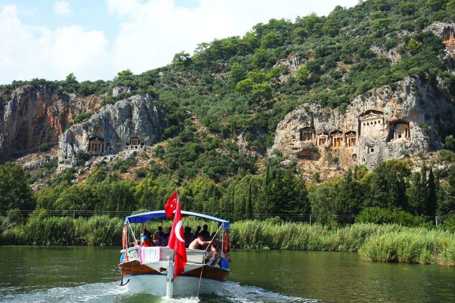 Marmaris: Dalyan Cruise, Turtle Beach & Mud Baths with Lunch - The Kings of Kaunos tombs from the river