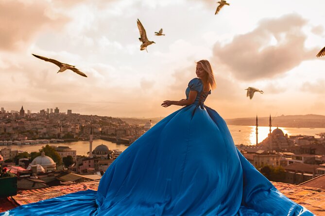 Rooftop Flying Dress Photo Shoot in Istanbul - A Bosphorus view with a Turkish frame